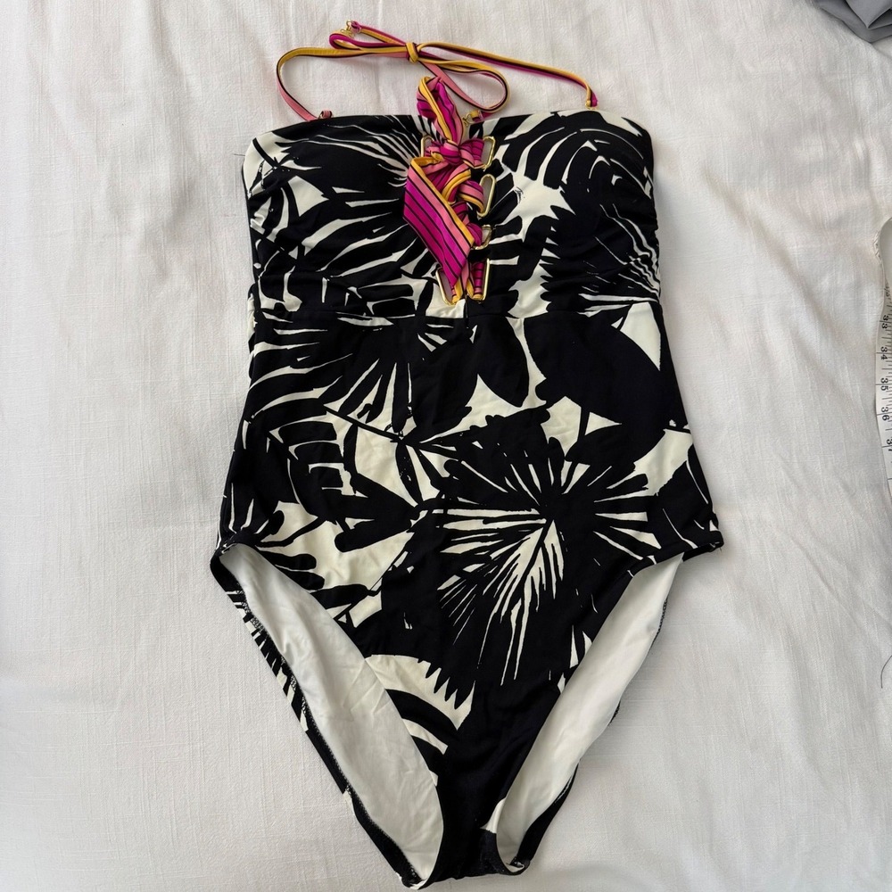 Trina‎ Turk Tropical Palm Print One Piece Swimsuit Black White Strapless M